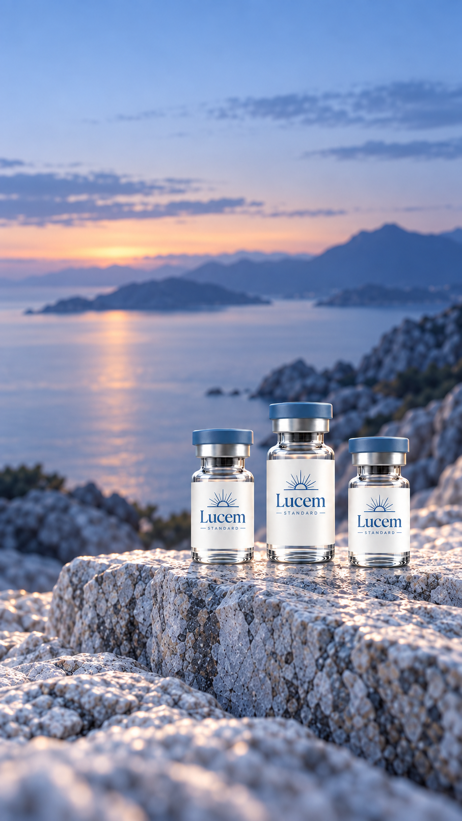 Lucem Standard research vials beside calm water at blue hour