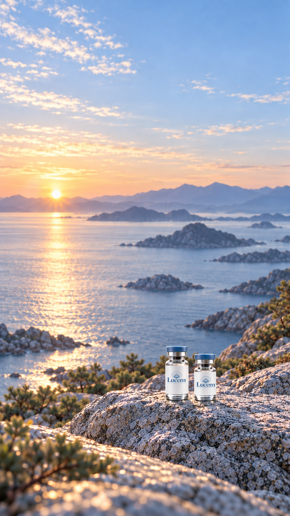 Lucem Standard research vials overlooking reflective water at golden hour