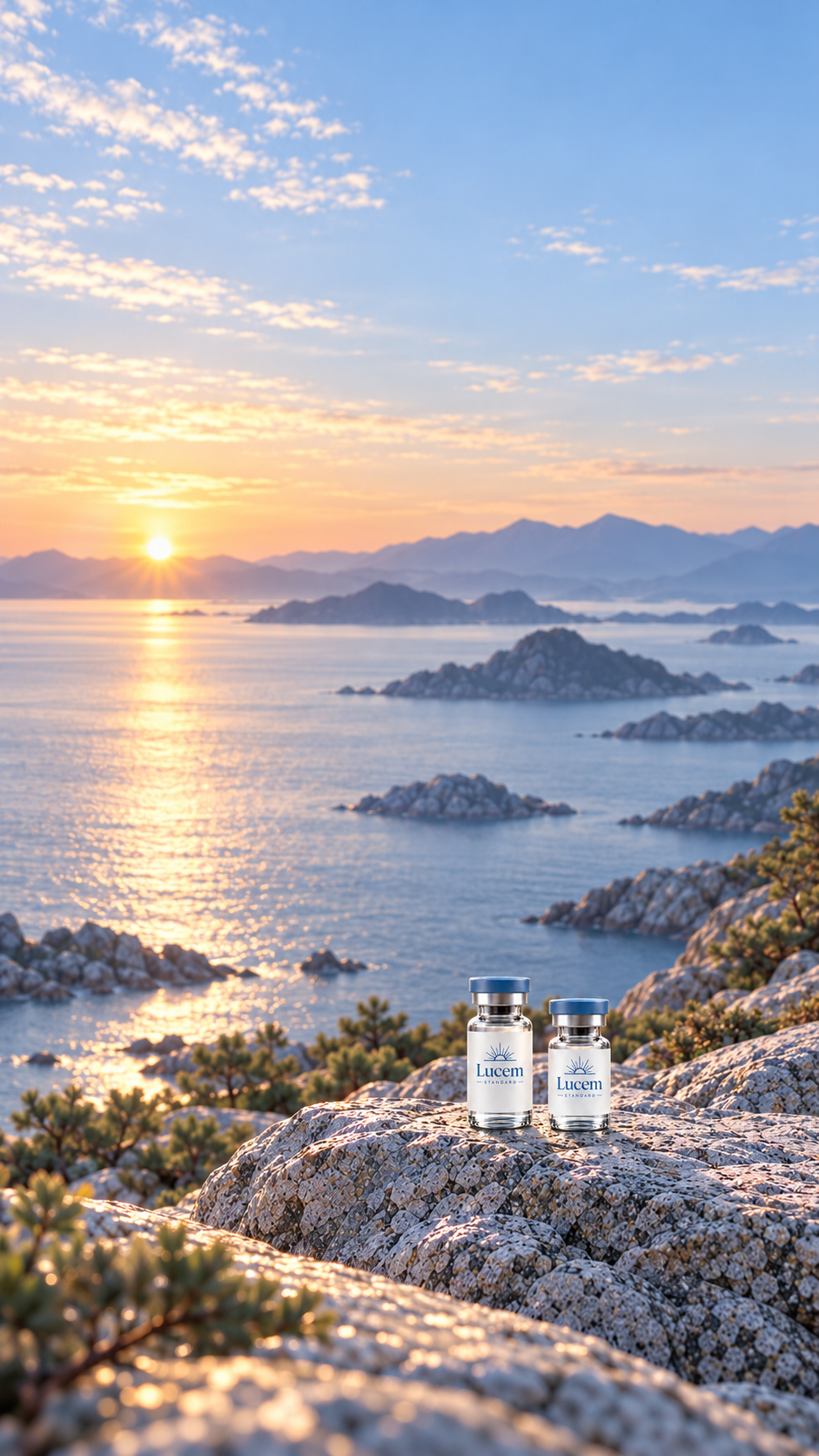 Lucem Standard research vials overlooking reflective water at golden hour
