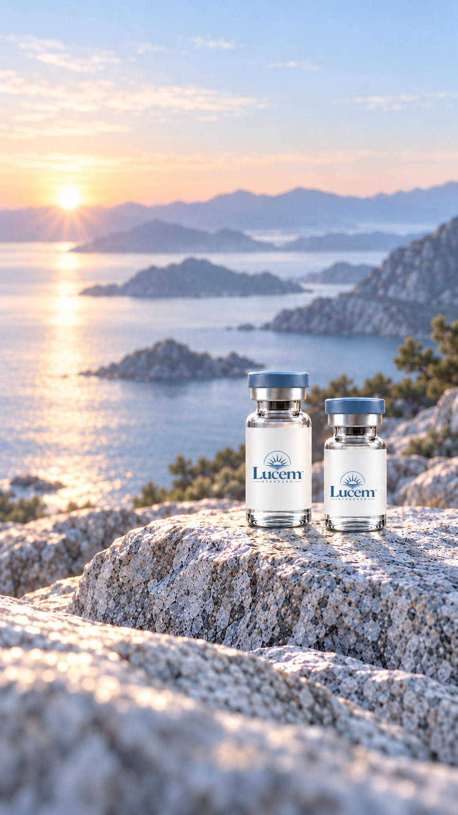 Lucem Standard research vials on granite beside water at sunrise
