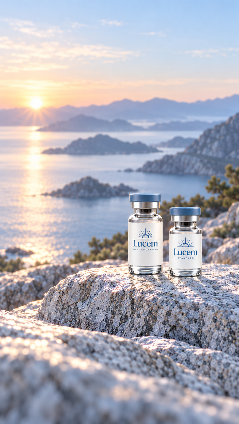 Lucem Standard research vials on granite beside water at sunrise